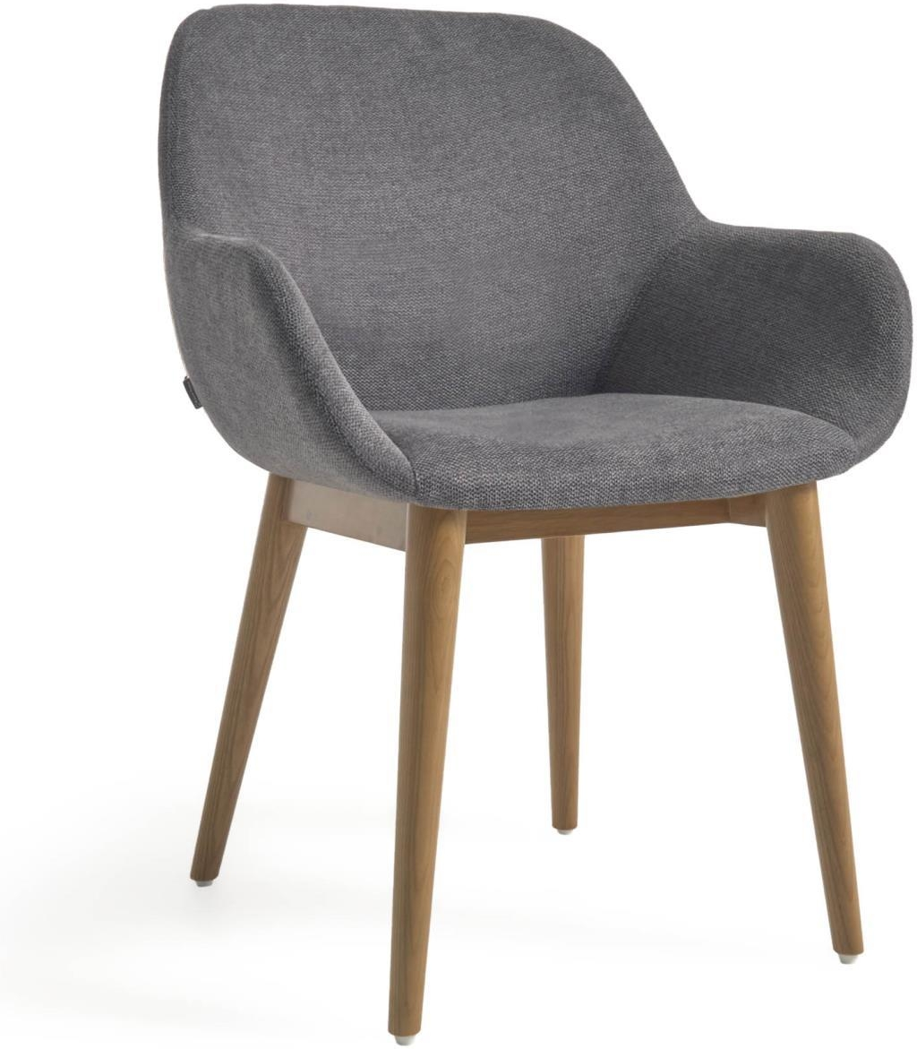 Spisebordsstol med armlæn Kave Home Konna mørkegrå polstret chenille nordisk design massivt asketræ ben
