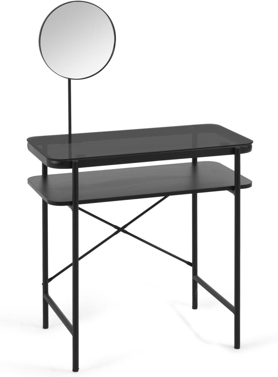 Sminkebord makeup-bord Kave Home Galatia sort stål og glas med roterende spejl og justerbare ben, industrielt moderne design, 80x44,5x130 cm