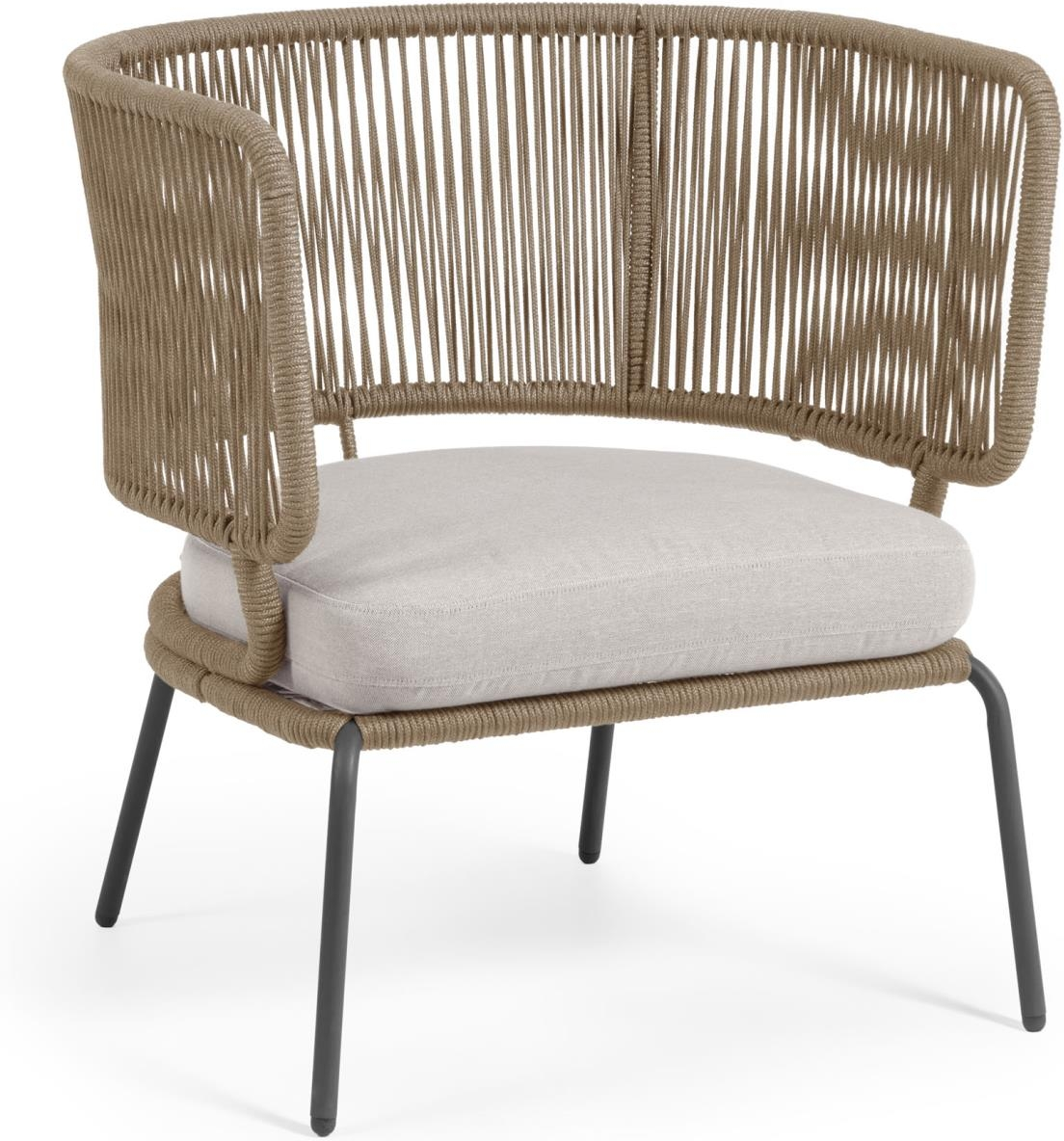 Udendørs lænestol Kave Home Nadin beige, galvaniseret stålramme, håndvævet snor, UV-resistent, aftagelig pude
