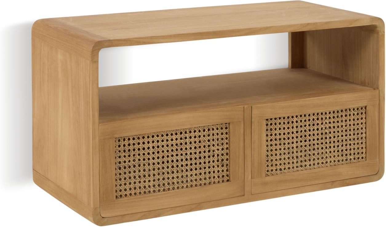 Badeværelsesskab Kave Home Sabiela opbevaringsskab i massivt teaktræ natur med 2 skuffer og hylde H45 x B40 x L86 cm