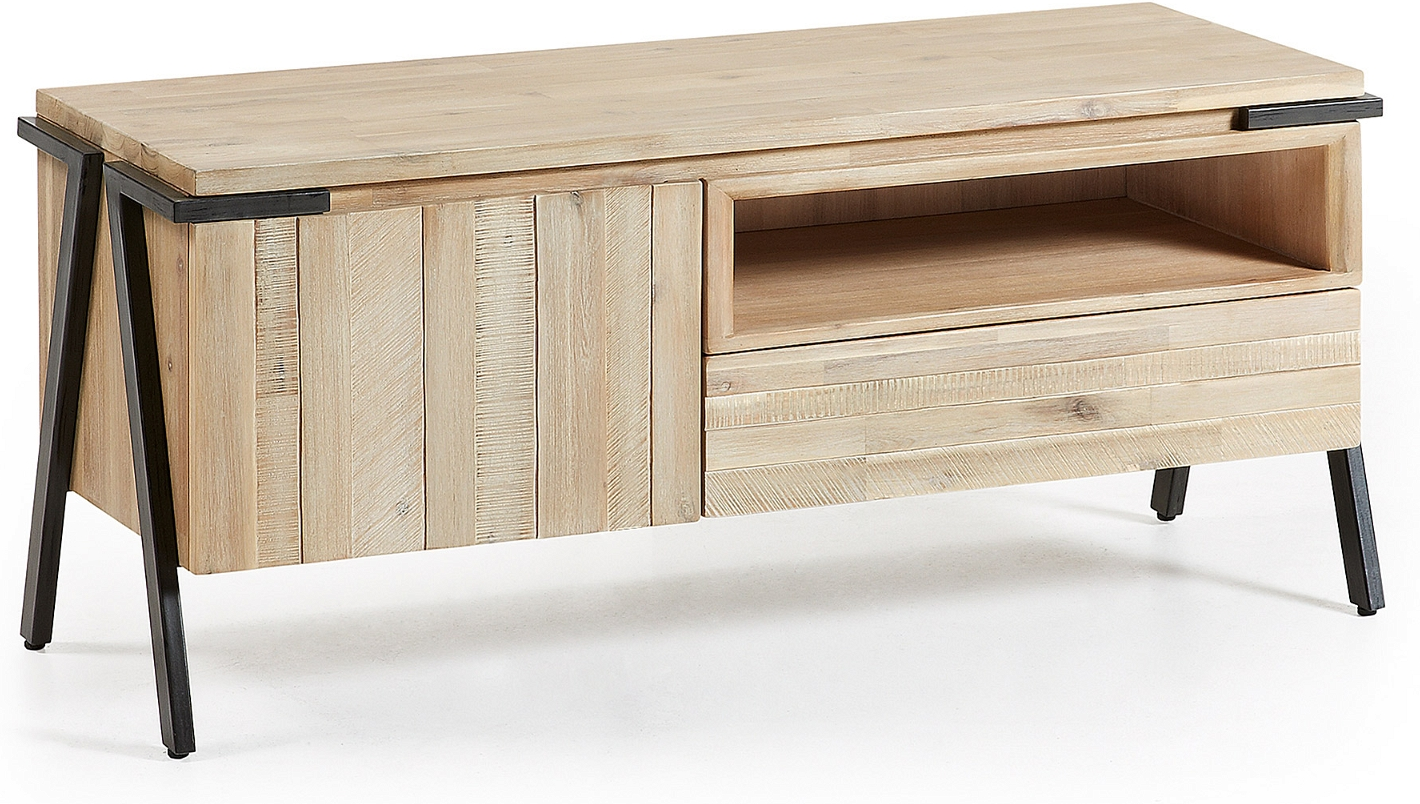 TV-bord Kave Home Thinh industrielt rustikt massivt akacietræ natur/sort med opbevaring H53xB125xD45 cm