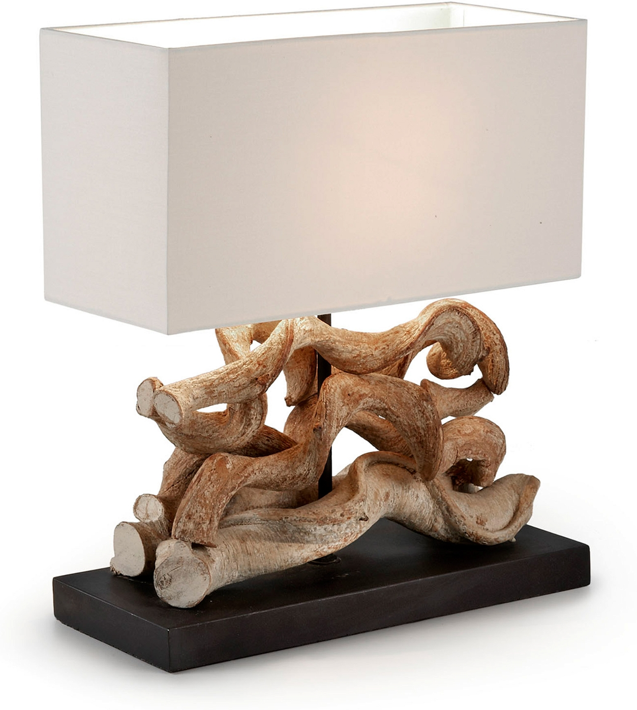 Bordlampe Kave Home Comet, rustik genbrugt tropisk træ, sort bund, hvid bomuldsskærm, H42ÃB15ÃL35 cm