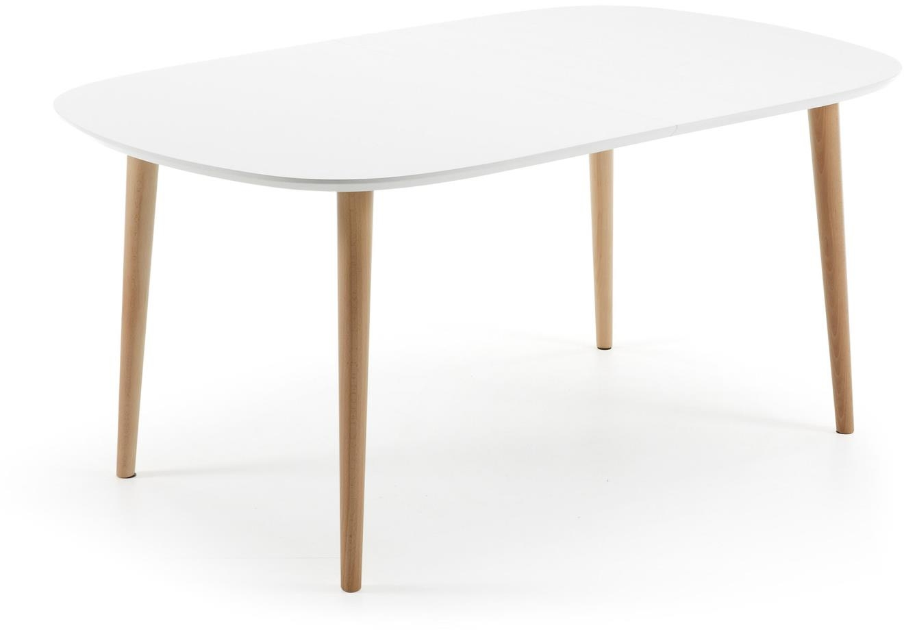 Kave Home Oqui udtræks-spisebord, hvid PU-lakeret MDF & bøgetræ, L160-210 x B100 x H74 cm