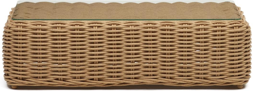 Udendørs sofabord Kave Home Portlligat i kunstigt rattan med glas 112x62 cm beige/hvid