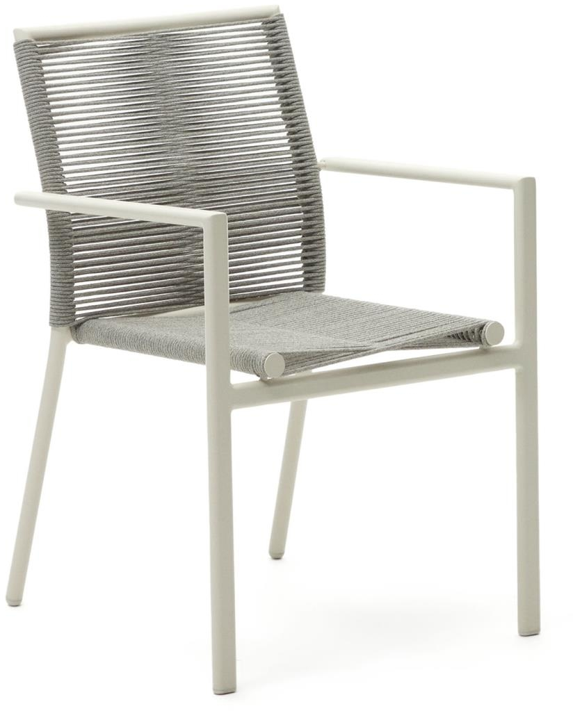 Udendørs spisebordsstol med armlæn Kave Home Culip, håndvævet reb og rustfri aluminium, stabelbar, hvid/grå