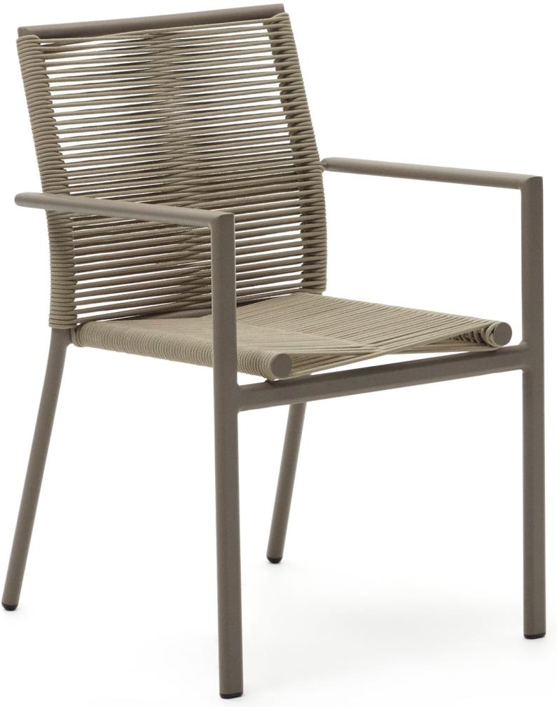 Udendørs spisebordsstol med armlæn Kave Home Culip  -  håndvævet reb, rustfri aluminiumsramme, letvægts, stabelbar, nordisk design, brun/beige