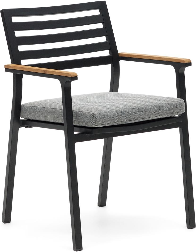 Kave Home Bona udendørs spisebordsstol med armlæn i aluminium og teak, sort/natur, stabelbar