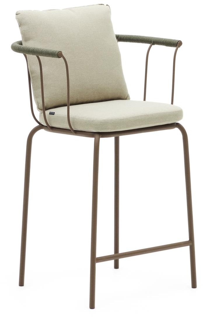 Kave Home Salguer udendørs barstol/skammel i galvaniseret stål med aftagelig pude, stabelbar, brun/beige/grøn