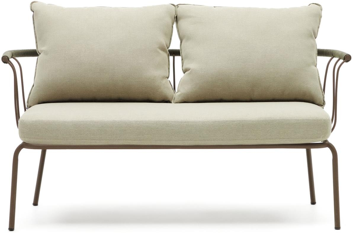 Udendørs 2-personers sofa Kave Home Salguer i galvaniseret stål med snore-detaljer og puder  -  brun/beige/grøn