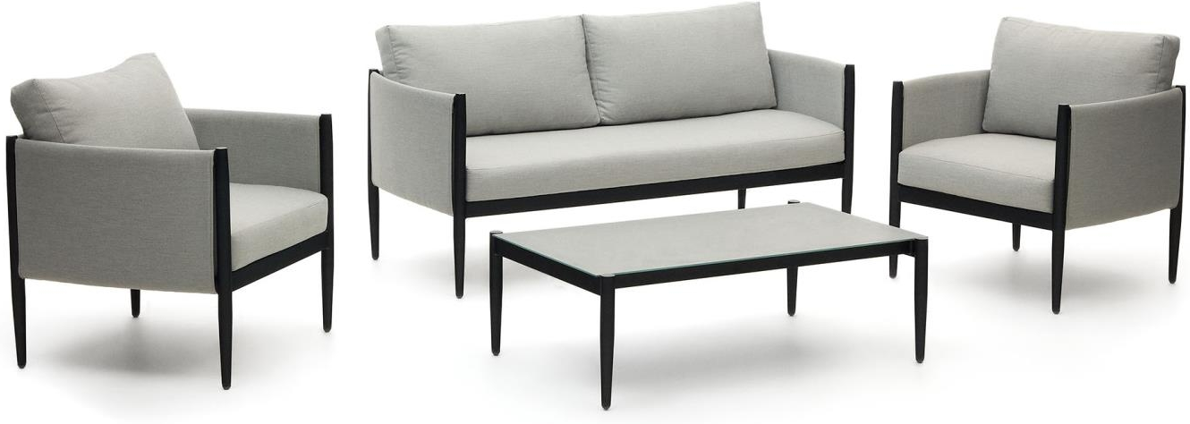 Udendørs loungesæt Kave Home Satuna i aluminium og teak med aftagelige grå puder