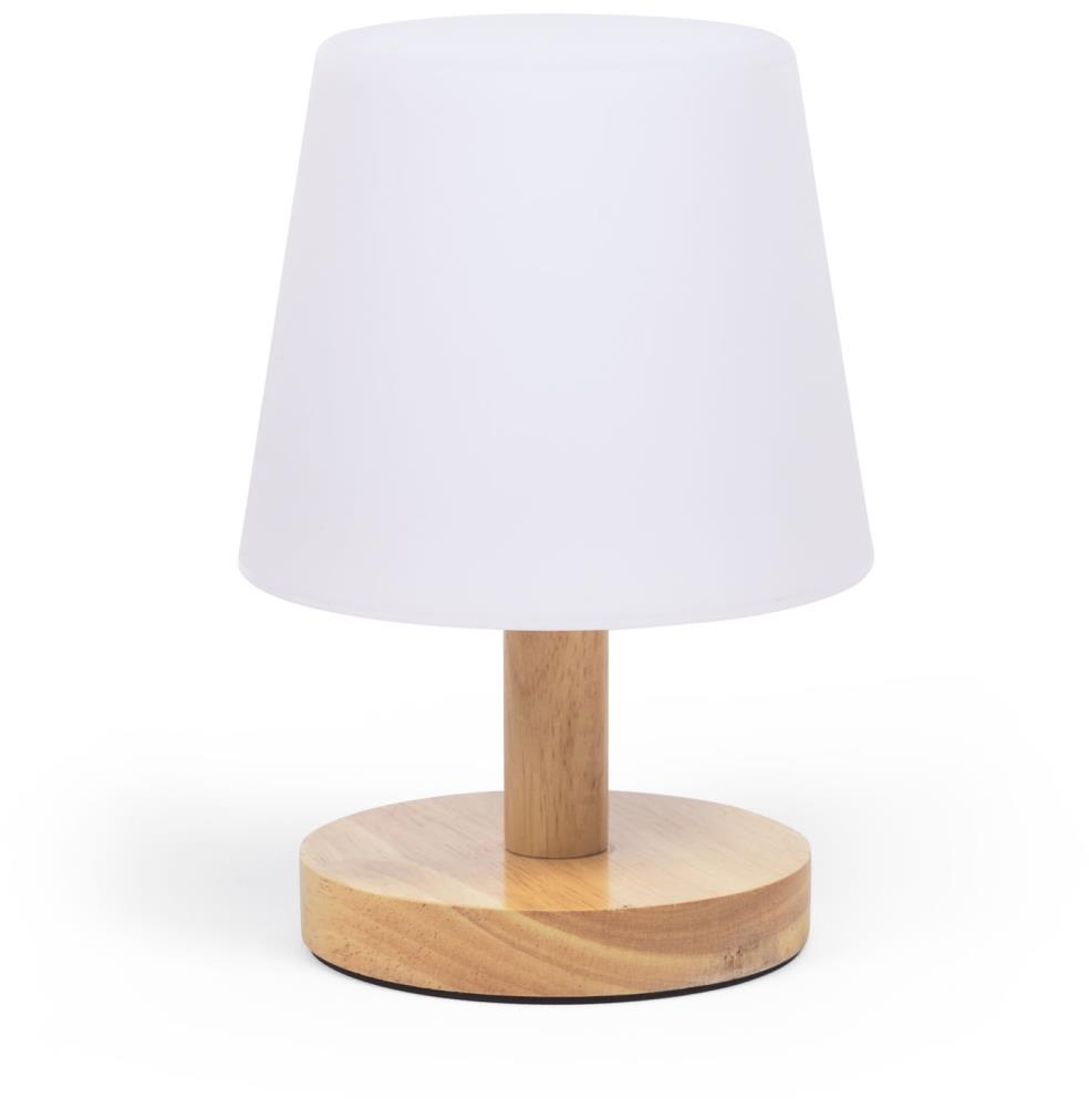 Bordlampe Kave Home Ambar LED genopladelig med natur træbase, justerbar lysstyrke, USB, til indendørs og udendørs