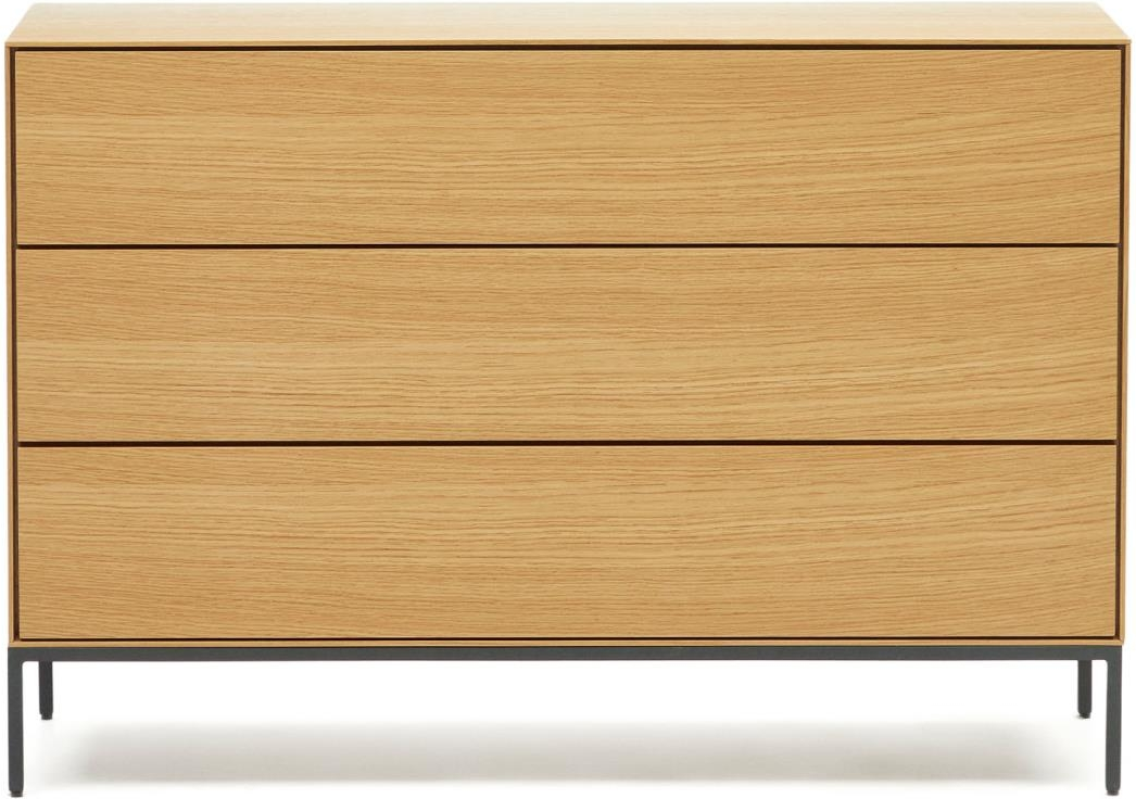 Kave Home Vedrana kommode  -  moderne nordisk egetræsfinér & mat antracit stålben, natur/sort, 110x40x75 cm