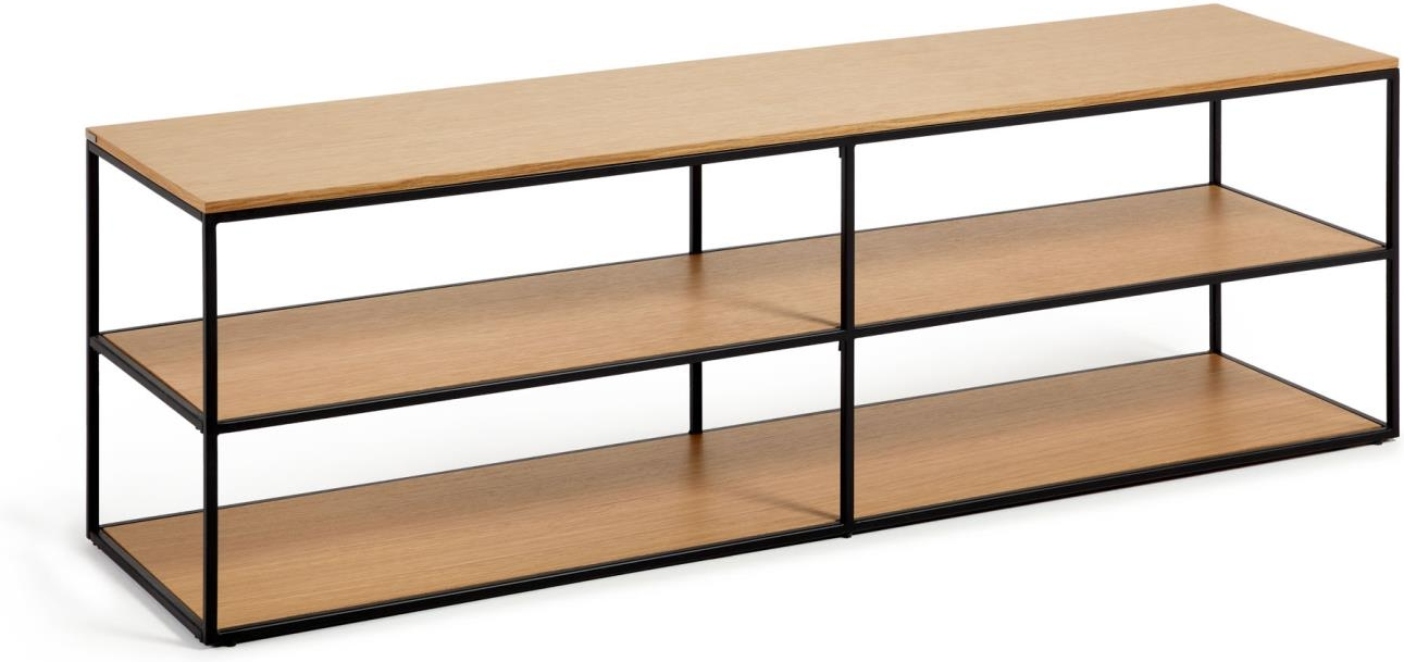 TV-bord tv-møbel Kave Home Yoana i fineret egetræ og mat sort metalramme 160x40x50 cm nordisk design med to hylder