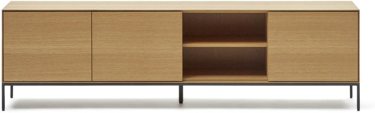TV-bord Kave Home Vedrana natur/sort 195 x 40 x 55 cm  -  egetræsfinér og stål, 3 push-to-open låger