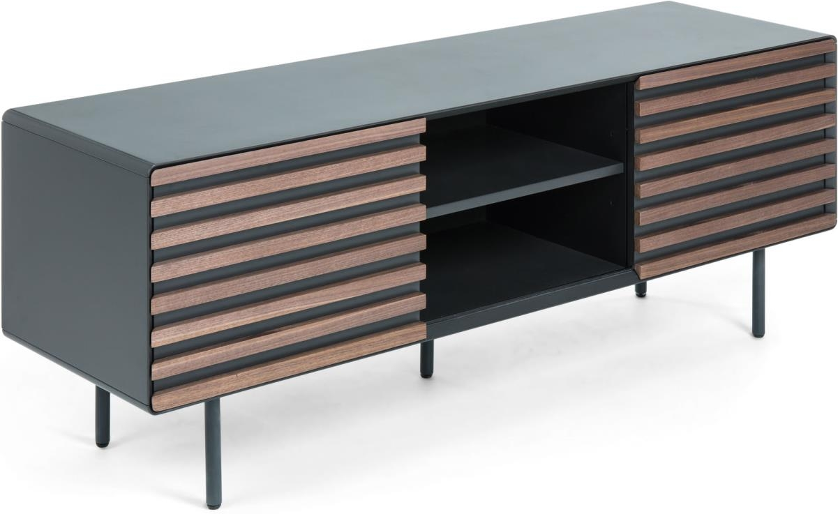 TV-bord Kave Home Kesia  -  valnøddefiner og mat grafit MDF med tynde metalben, åbne hylder, 162 cm