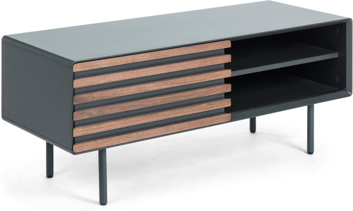 TV-bord Kave Home Kesia sort/natur, moderne vintage mat grafitlakeret MDF med valnøddefiner og stålben, kabelstyring, soft-close, 120x45x48,5 cm
