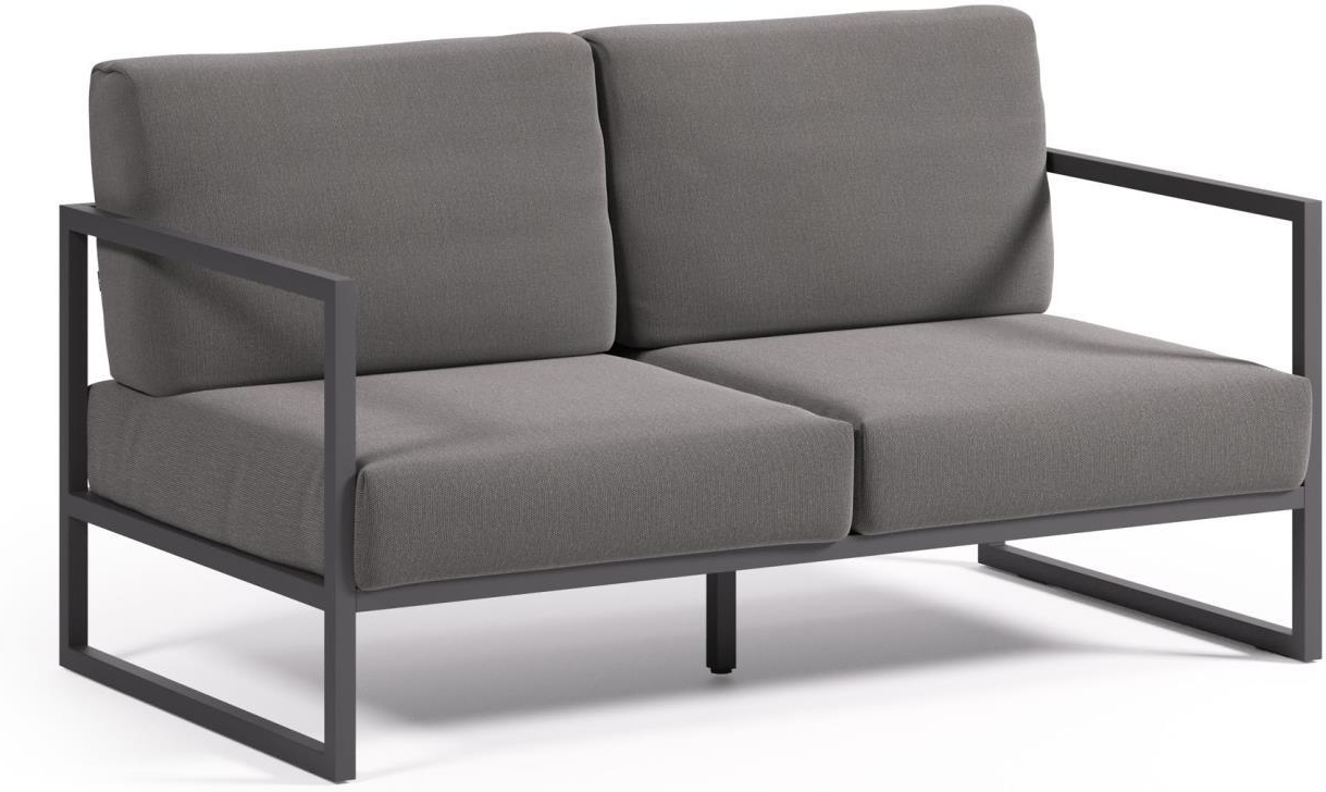 Udendørs 2-personers sofa Kave Home Comova sort aluminium med aftagelige hynder i genanvendt Crevin stof