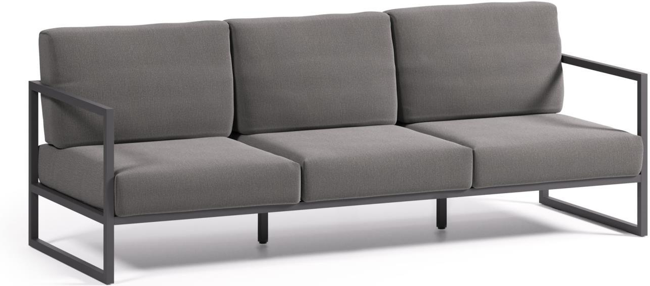 Udendørs 3-personers sofa Kave Home Comova i sort aluminium vejrbestandig nordisk loungesofa med OEKO-TEXÂ® Crevin stof