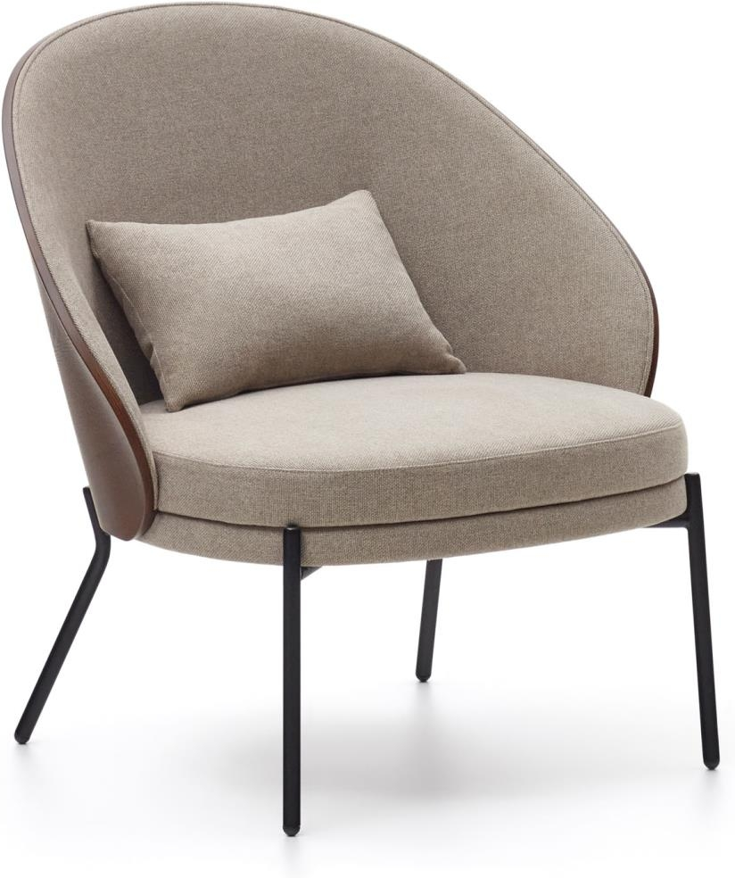 Lænestol Kave Home Eamy beige chenille med asketræsfinér finish, mat sort metalramme inkl. aftagelig pude