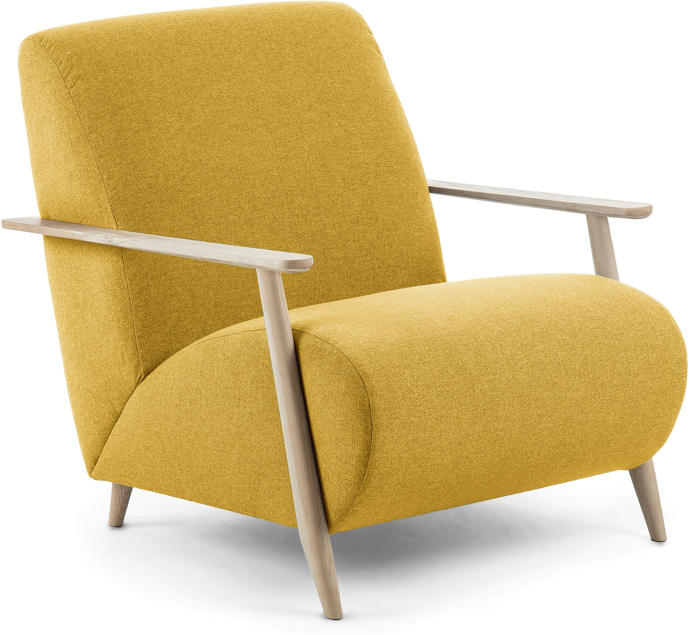Lænestol Kave Home Meghan nordisk design sennepsgul polstret Teflon-betrukket bæredygtigt asketræ armlæn H78ÃB77ÃL83 cm