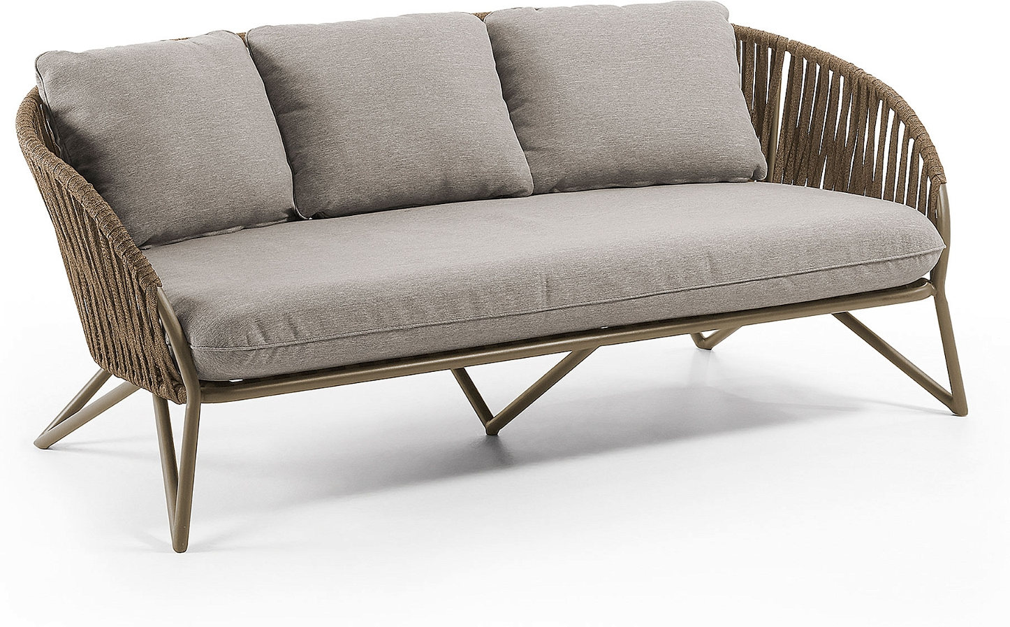 Udendørs 3-personers loungesofa Kave Home Branzie  -  eukalyptustræ & håndbundet snor, inkl. madras og puder, brun/grå