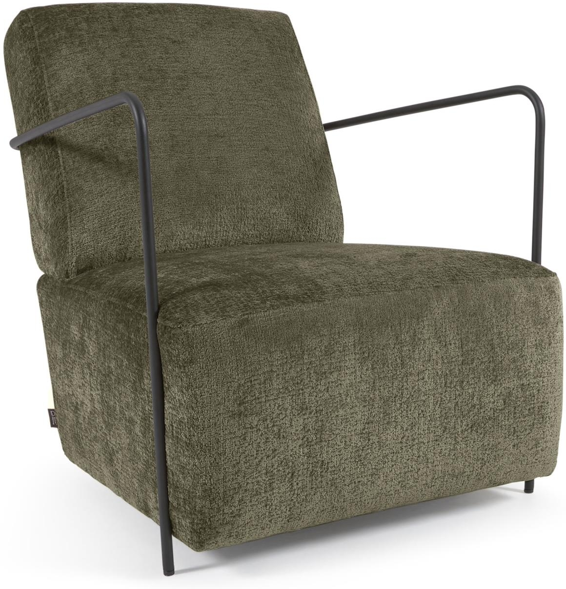 Lænestol Gamer fra Kave Home  -  grøn chenillepolstring, sort stålramme, rustik kolonial vintage design