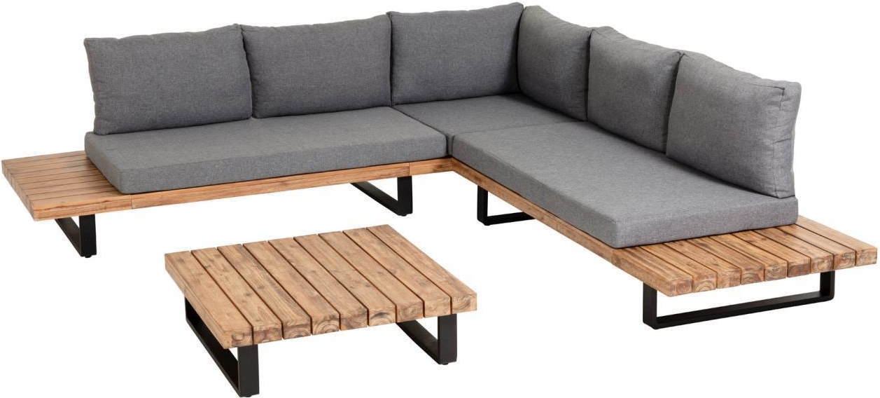 Udendørs loungesæt Kave Home Zalika hjørnesofa & sofabord i akacietræ og aluminium med grå hynder 255x255 cm