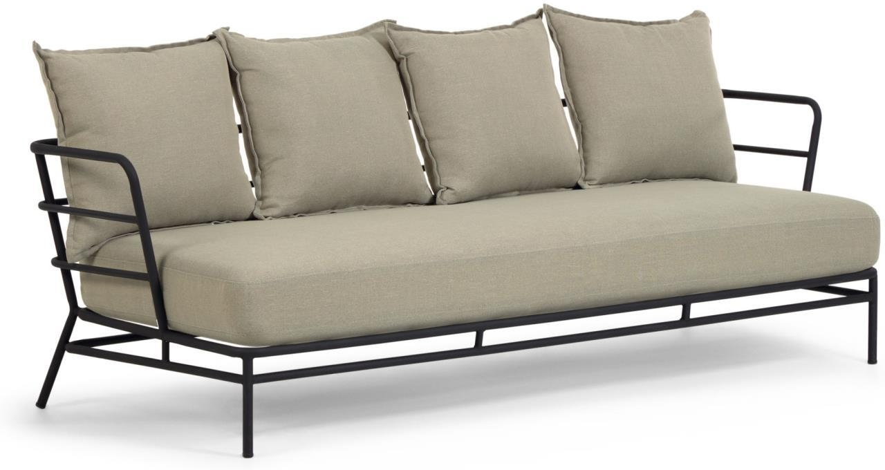Udendørs 3-personers loungesofa Kave Home Mareluz i sort galvaniseret stål med beige aftagelige betræk 197x75x60 cm