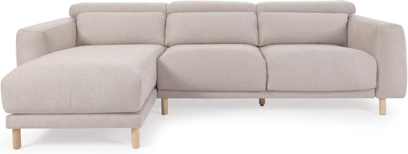 Chaiselong sofa venstrevendt Kave Home Singa beige stof nordisk moderne kolonial stil med aftagelige betræk og nakkestøtter