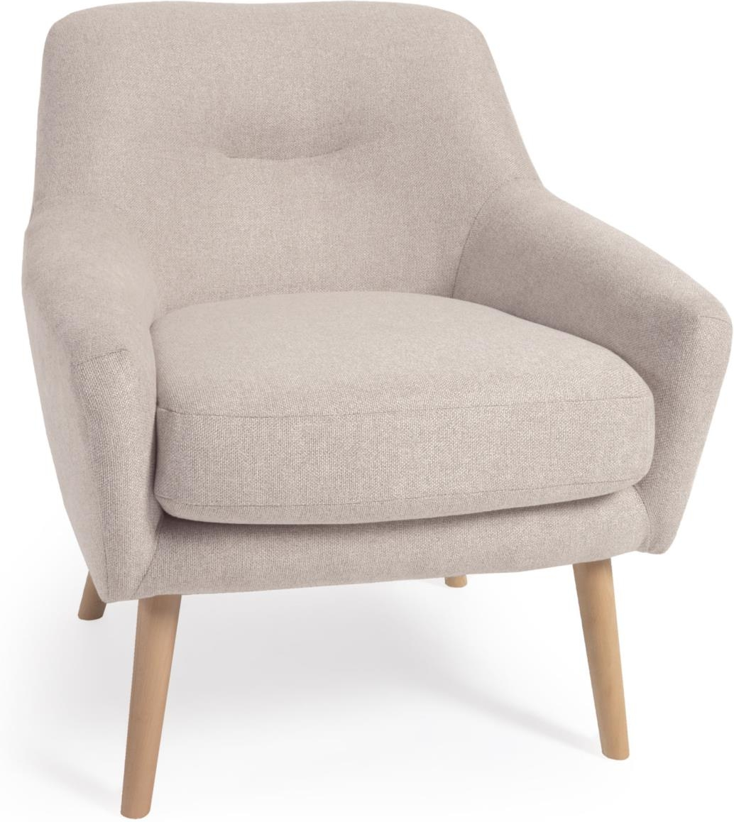 Lænestol Kave Home Candela  -  polstret stol i beige stof med massivt bøgetræ, rustik kolonial stil, bæredygtig