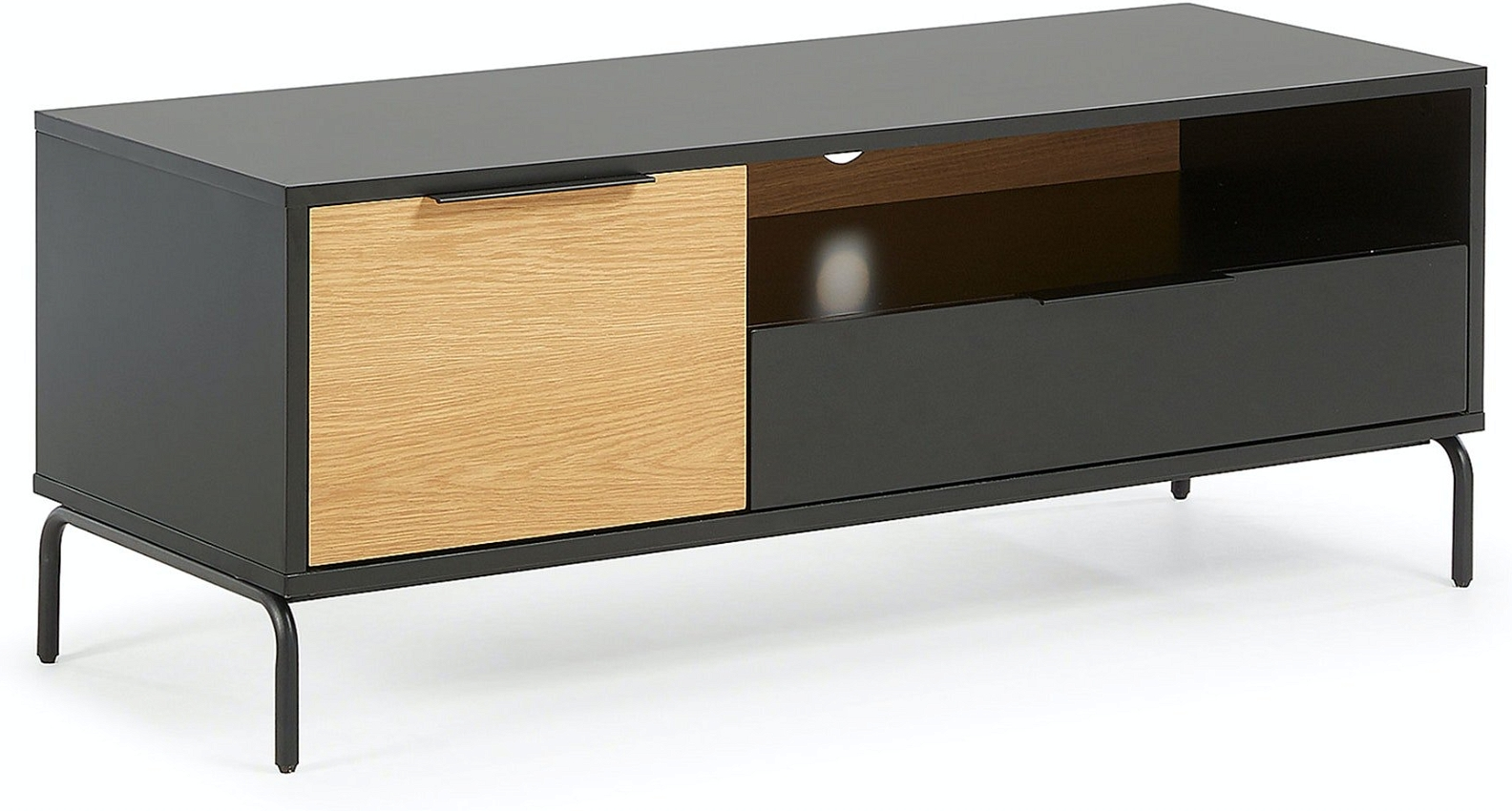 TV-bord Kave Home Stellar, sort/natur, 120x45x50 cm med hylder & skuffer  -  MDF/stål moderne design