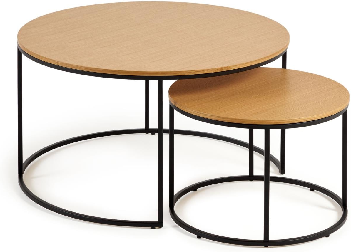 Sofabordssæt Kave Home Yoana 2 dele natur egefiner & mat sort metal Ø80 cm H45