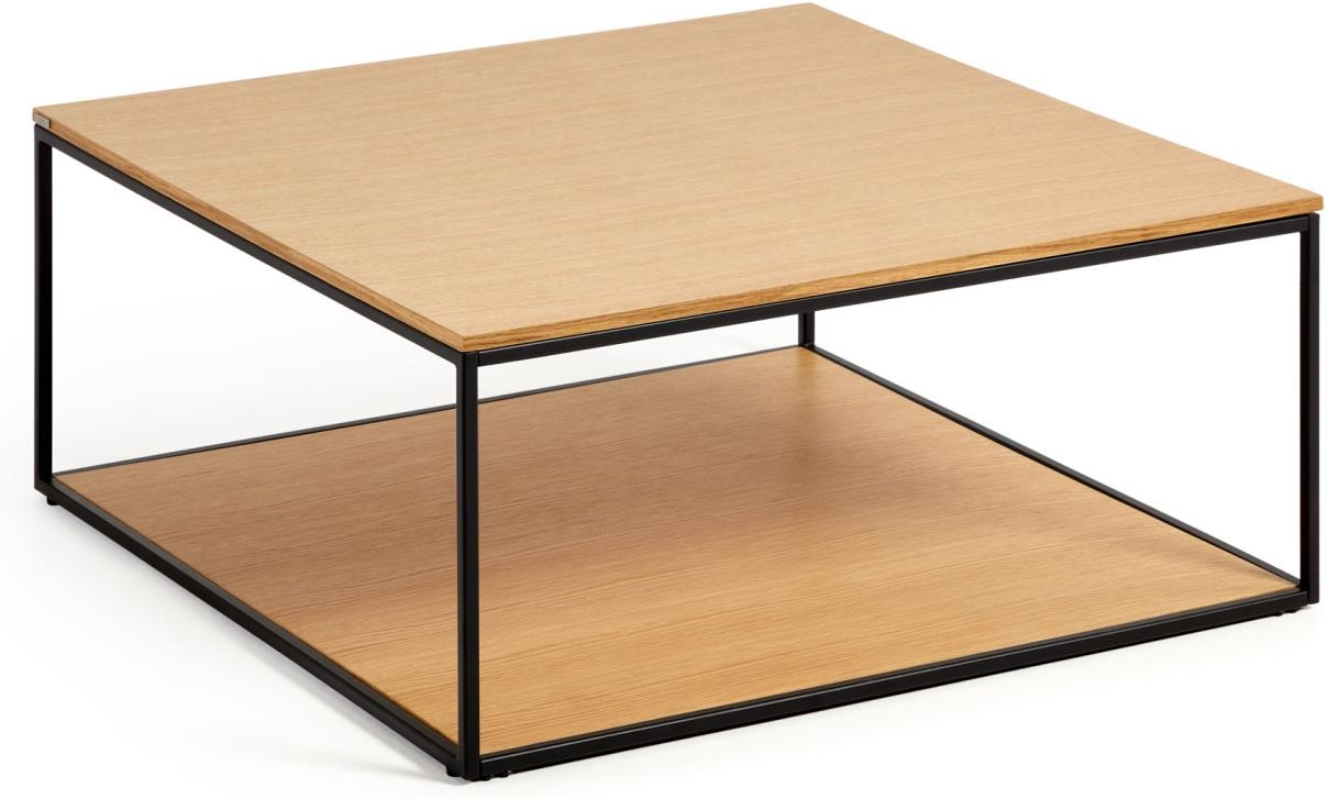 Sofabord loungebord Kave Home Yoana 80x80 cm natur egetræsfinér & sort pulverlakeret jern