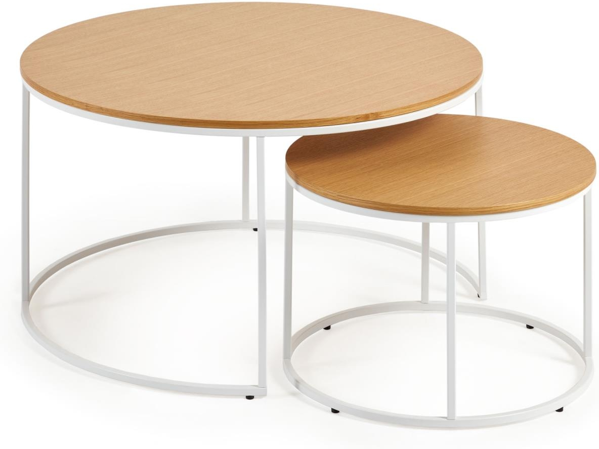 Sidebordssæt Kave Home Yoana foldbart 2 stk egetræsfinér & hvidt pulverlakeret metal Ø80x45 cm