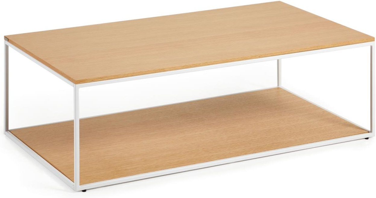 Sofabord Kave Home Yoana kaffebord  -  nordisk moderne egetræsfinér & hvid pulverlakeret metal, justerbare fødder, 110Ã60Ã35 cm