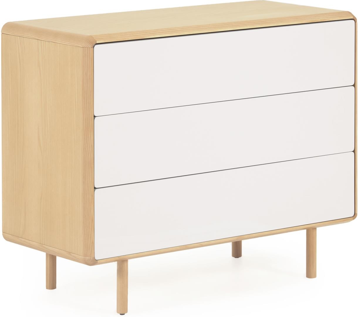 Kommode Kave Home Anielle  -  nordisk skuffemøbel i lavemissions finértræ med grå-hvid lakeret front, 3 skuffer soft-close, justérbare ben