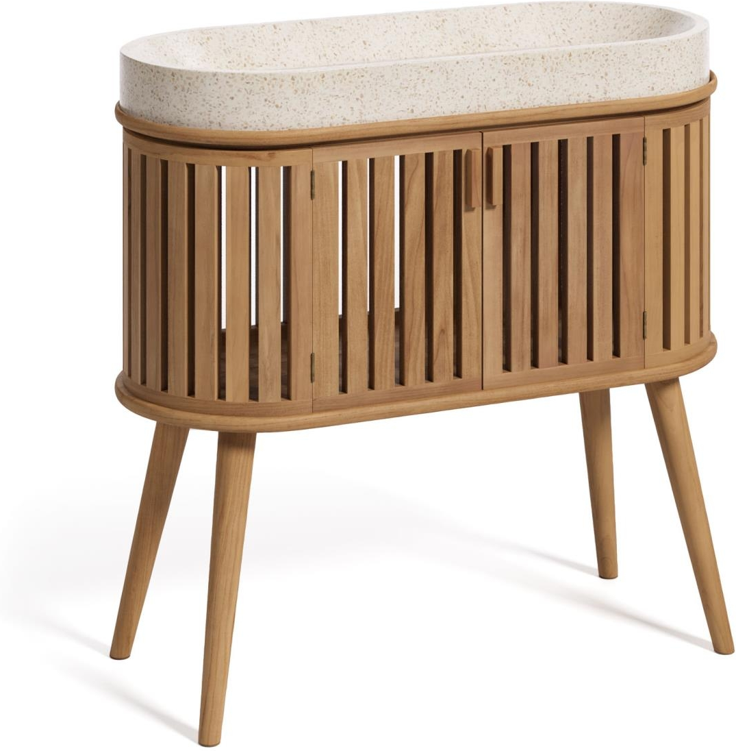 Badeværelsesskab Kave Home Rokia i massiv teak med terrazzo håndvask, natur H90xB40xD90 cm