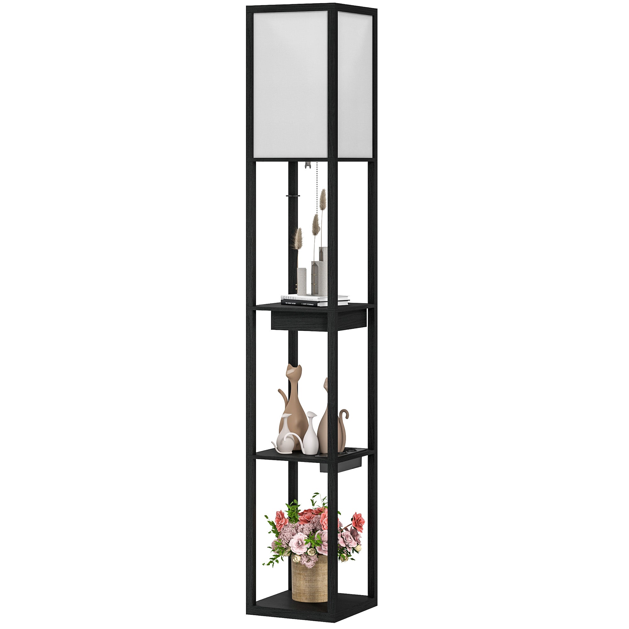 Gulvlampe med 3-lags hylde, fodkontakt, usb-porte, mdf, sort