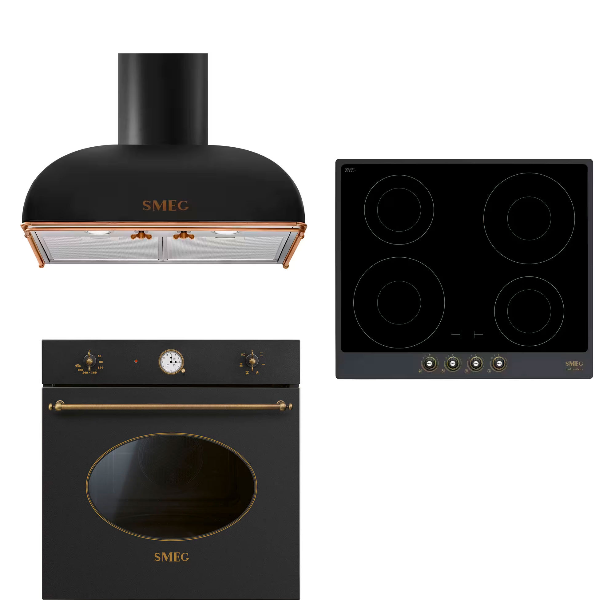 Smeg Colonial indbygningsovn + induktionskogeplade + emhætte, antracit