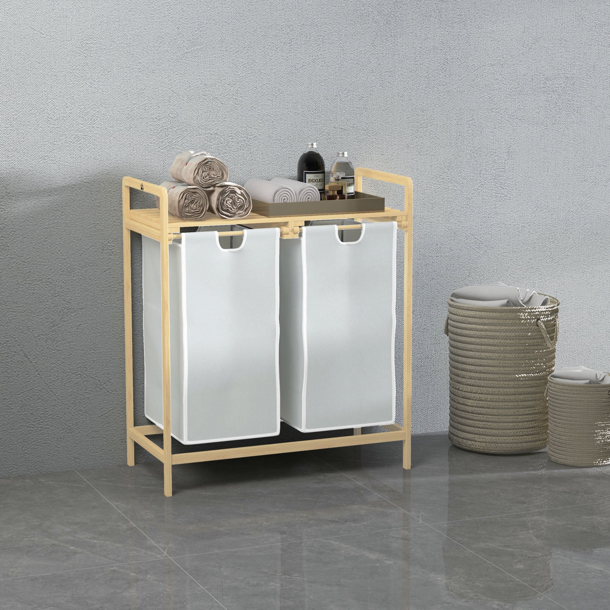Vasketøjskurv med 2 vasketøjsposer, 1 hylde, bambus, 63,5 cm x 33 cm x 73 cm, lysegrå + natur