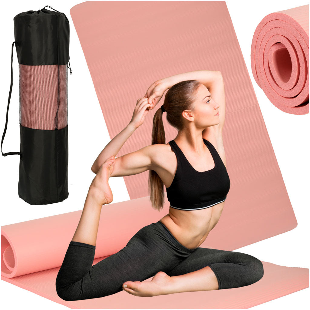 Yoga træningsmåtte gymnastik fitness træning carimata tyk 1,5 cm pink + betræk