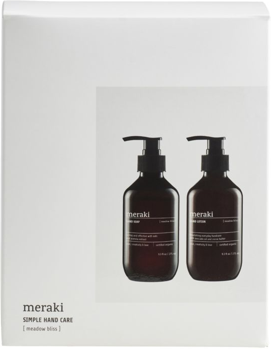 Gaveæske Meraki Meadow Bliss  -  økologisk håndpleje-sæt med sæbe & lotion, hvid/sort/grå