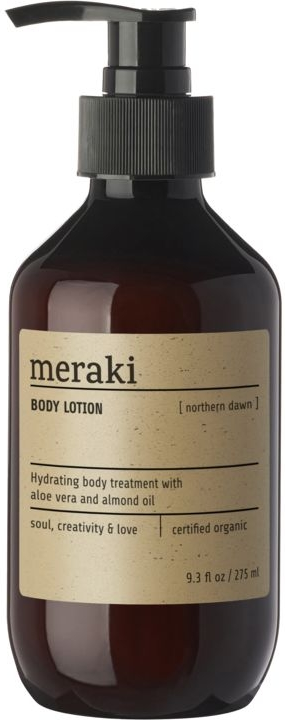 Bodylotion Meraki Northern Dawn  -  økologisk hudlotion med mandelolie & kakaosmør, COSMOS Organic, duft af appelsin & cedertræ, sort flaske Ø6Ã16 cm