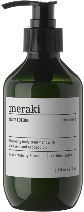 Bodylotion Meraki Linen Dew Økologisk med kakaosmør & avocadoolie, sort flaske Ø6 x H16 cm