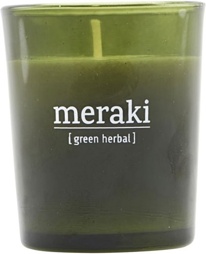 Duftlys Meraki Green Herbal aromatisk stearinlys i grøn glasbeholder Ø5,5ÃH6,7 cm 12 timers brændetid