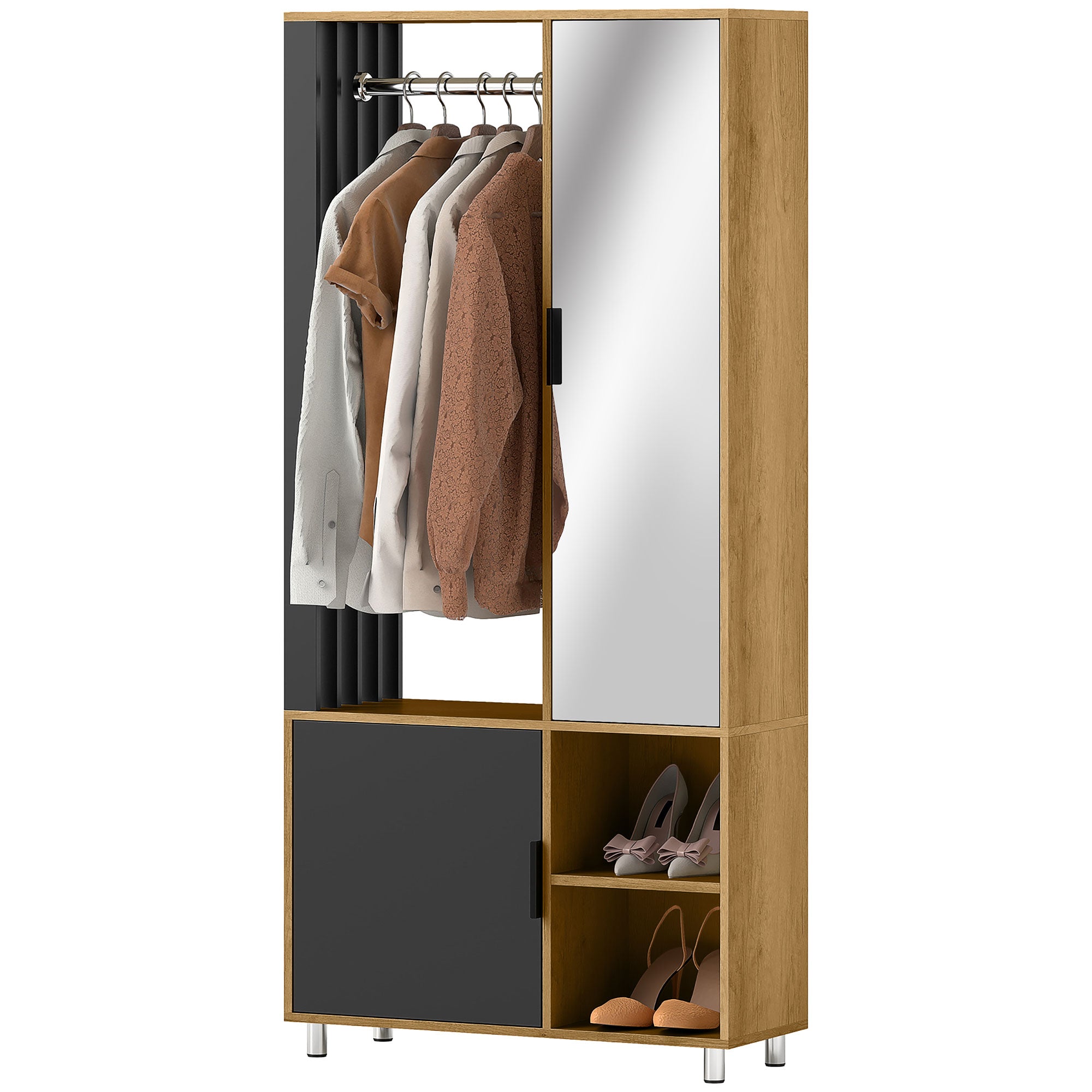 Garderobe med spejl og bøjlestang, opbevaringsrum, åbne hylder, naturtræ, sort