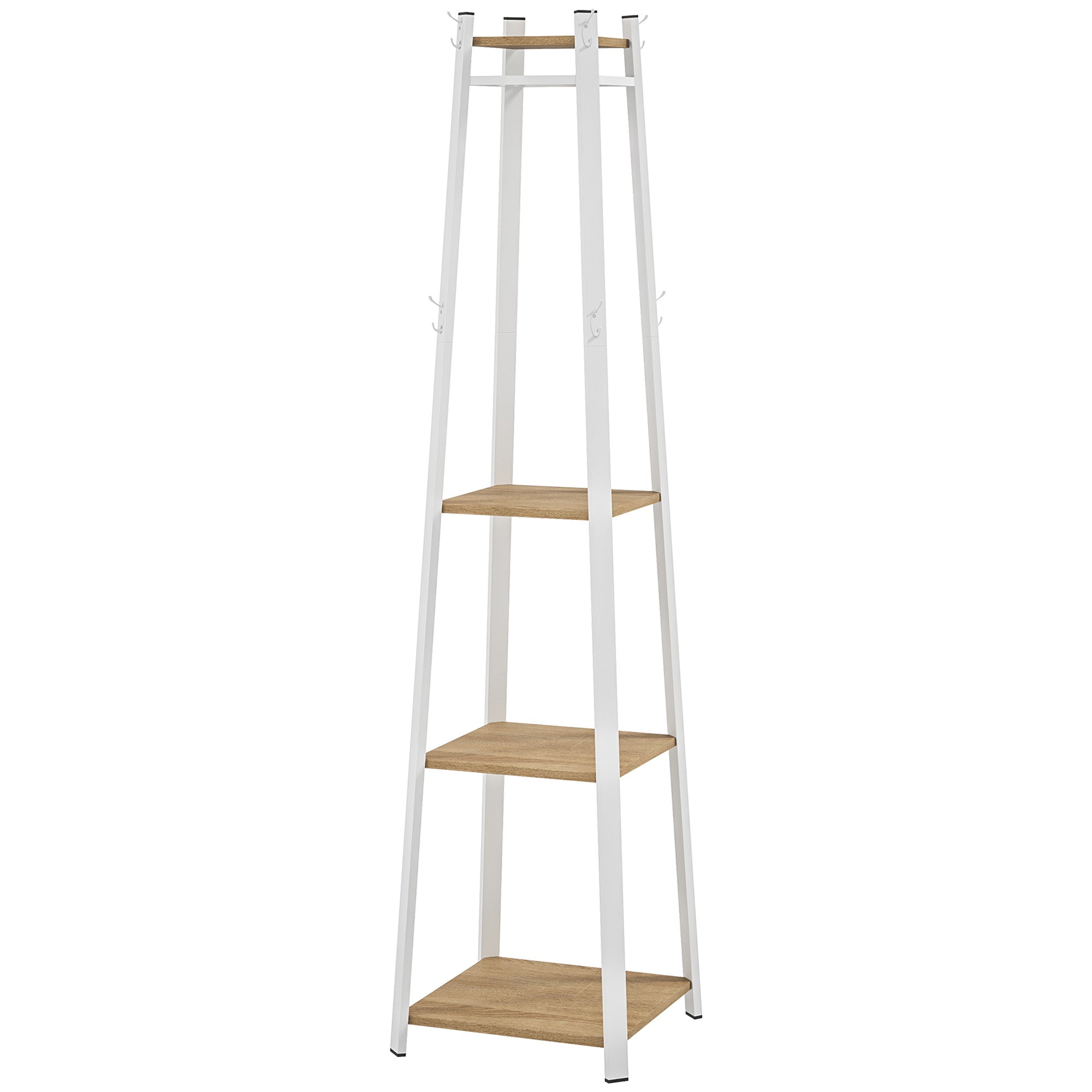Tøjstativ, trapezformet design, tre etager, 8 dobbelte knager, stål, hvid+eg