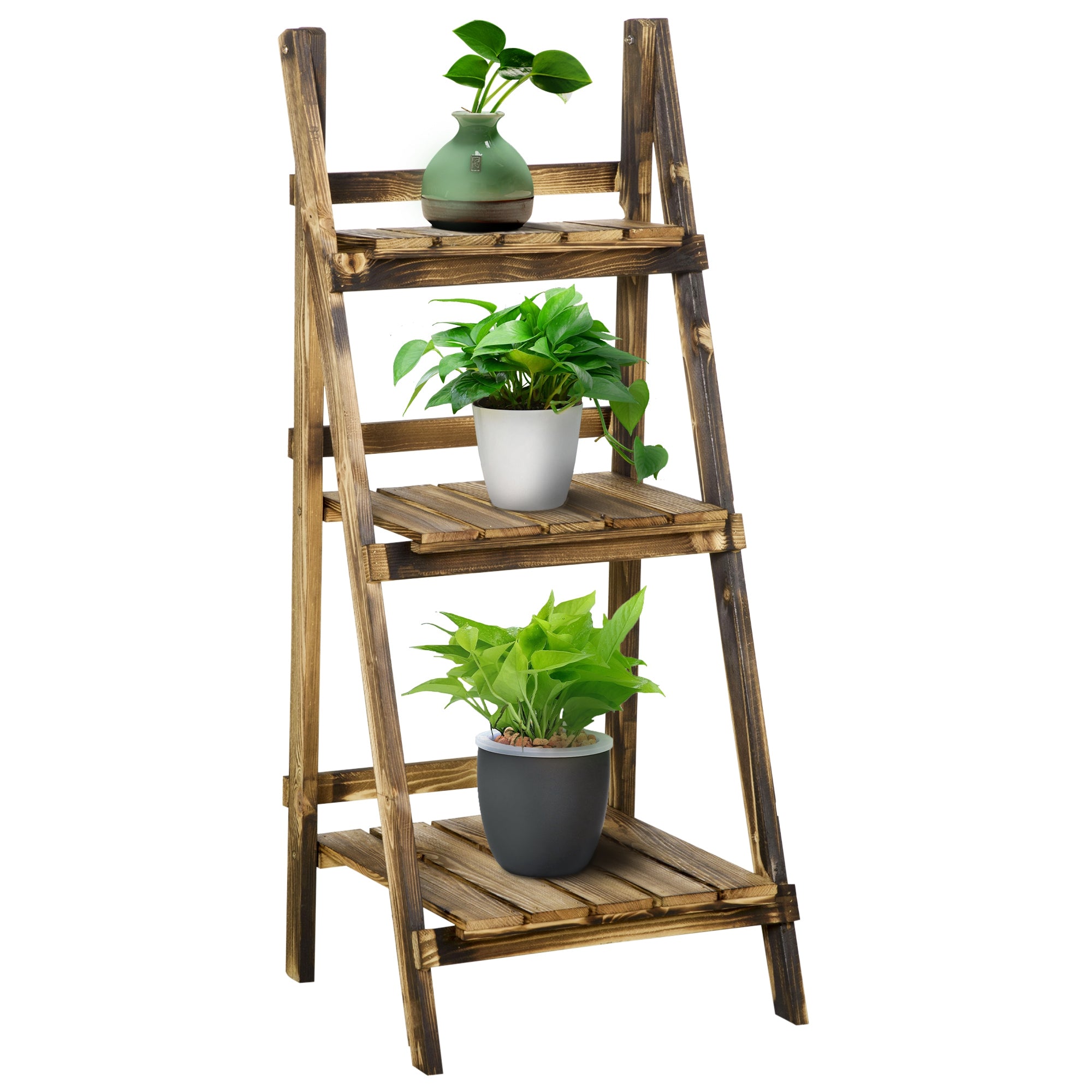 3-lags plantestativ, foldbar 93 cm høj blomsterstativ til indendørs og udendørs brug, træplantehylde, urtepottestativ med bakker, plantetrappe til stue, have, balkon, mørkebrun