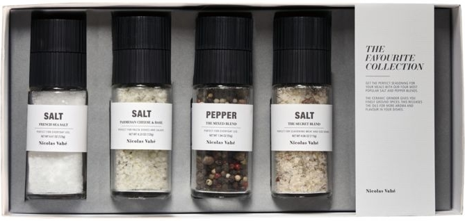 Gaveæske krydderisæt Nicolas Vahé Gift Sets Favourite Collection Box  -  4 salt- og peberblandinger med keramisk kværn, glas sort/grå