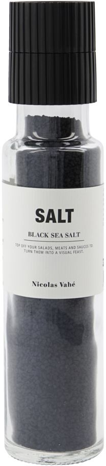 Saltkværn  -  Nicolas Vahé Salt Black, havsalt med aktivt kul, keramisk kværn, glasflaske Ø5 x H23 cm